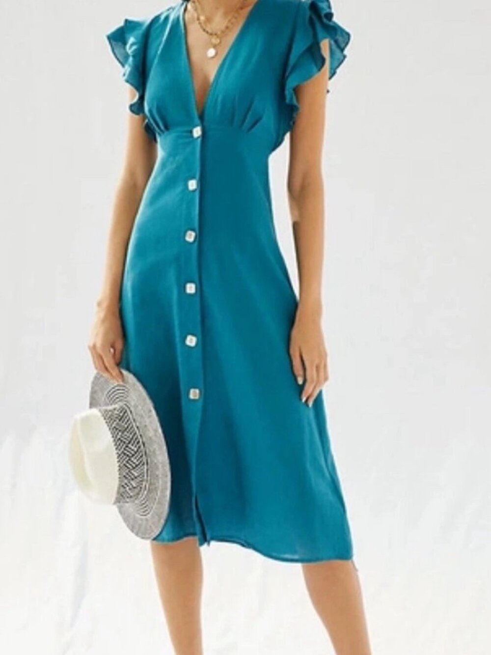 Anthropologie Charlie Holiday Linen Teal Button-Front Flutter Midi Dress